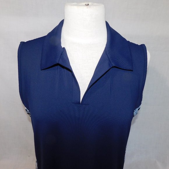 Coral Bay Womens L Navy Blue White Floral Detail Sleeveless Golf Polo Shirt - Picture 2 of 12